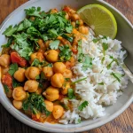Close-up of a vibrant Chickpea Curry Rice Bowl with a rich curry sauce and fresh spinach.