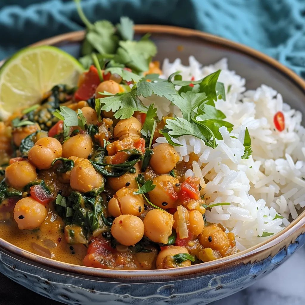 Side view of a Chickpea Curry Rice Bowl filled with chickpeas, rice, and garnished with cilantro and lime.