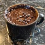 Close-up of a delicious chocolate mug cake with chocolate chips on top.