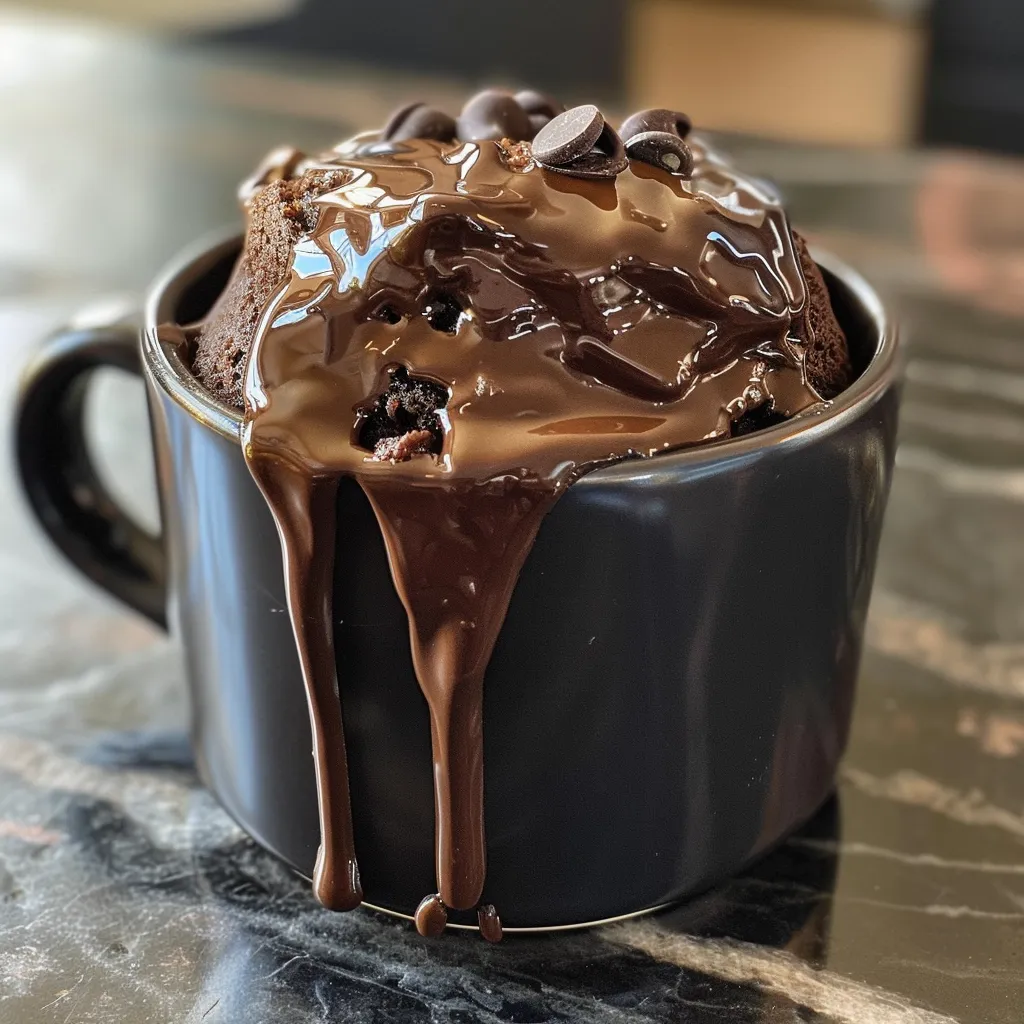 Close-up view of a rich chocolate mug cake topped with chocolate chips.
