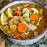 A close-up view of a bowl of classic chicken soup filled with vegetables and herbs.
