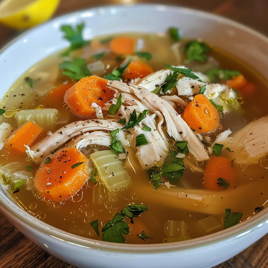 Side view of a steaming bowl of chicken soup showcasing pieces of chicken and colorful vegetables.