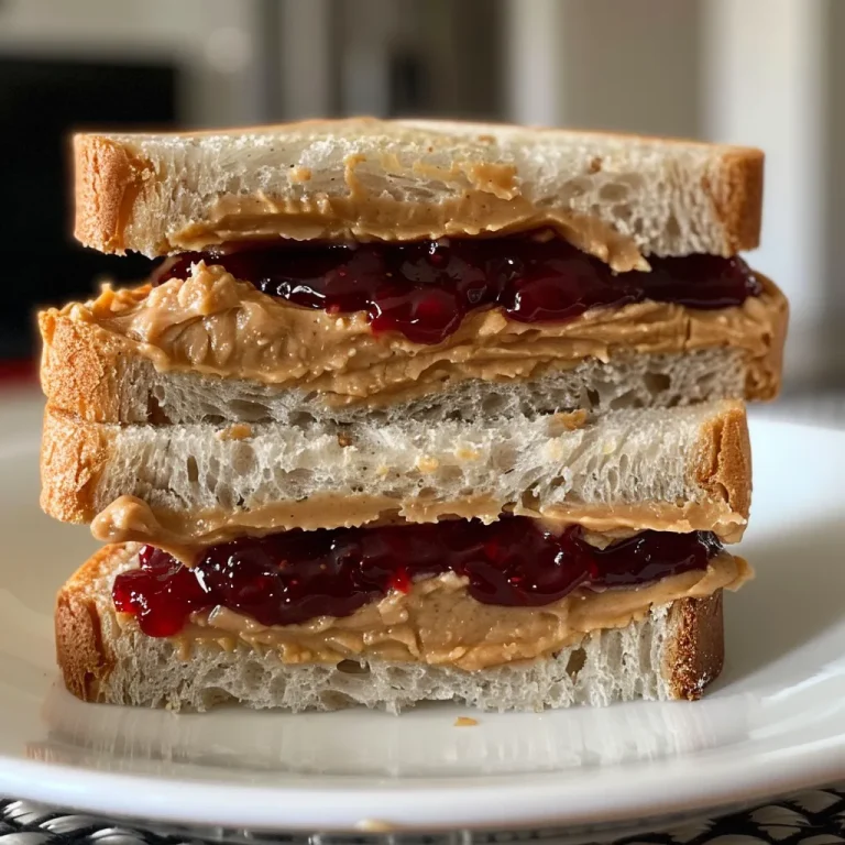 The Timeless Peanut Butter & Jelly Sandwich That Whispers of Childhood Close-up view of a classic peanut butter and jelly sandwich with whole wheat bread, showcasing layers of peanut butter and fruit jam.