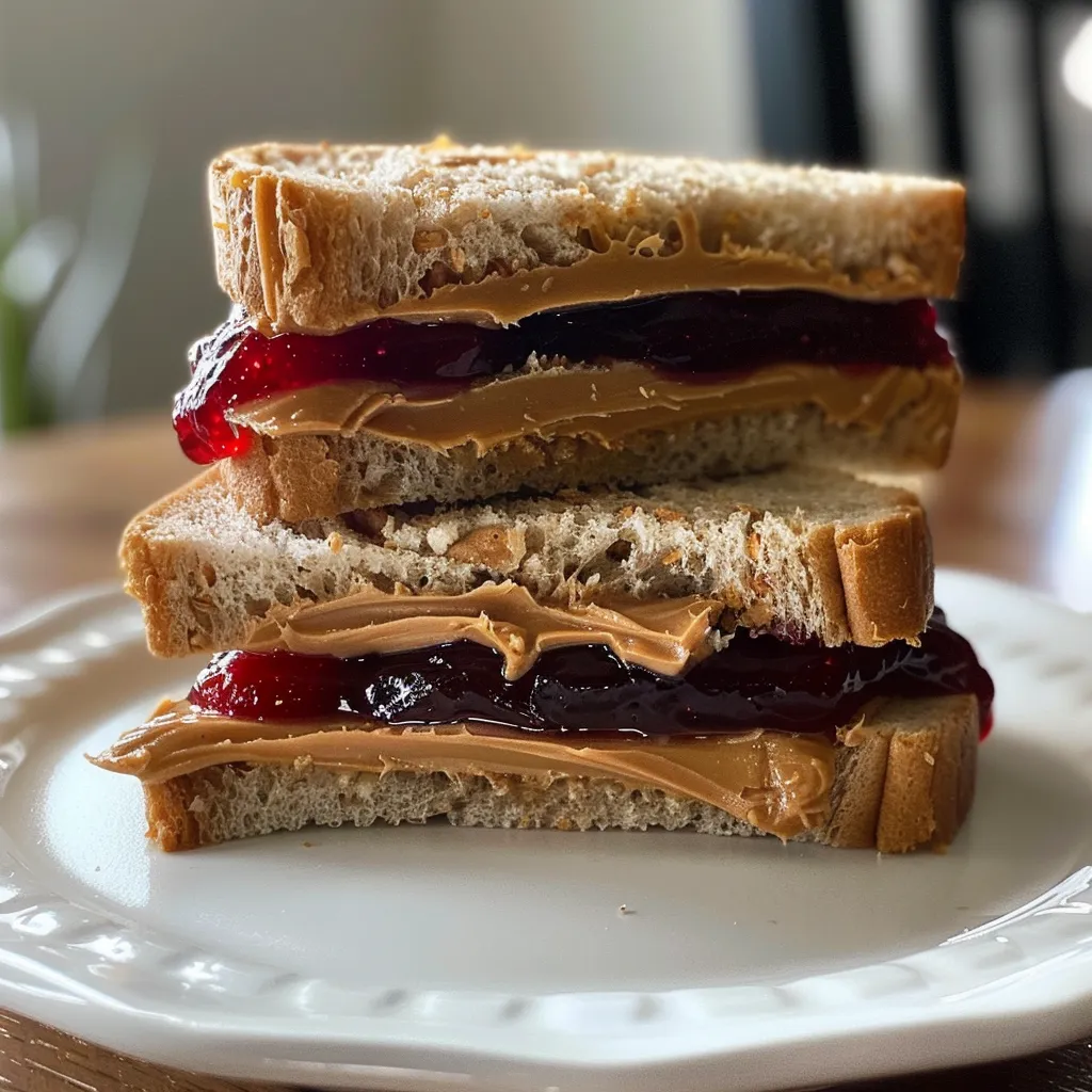 Side view of a peanut butter and jelly sandwich, highlighting the creamy peanut butter and vibrant fruit jelly between two slices of whole wheat bread.