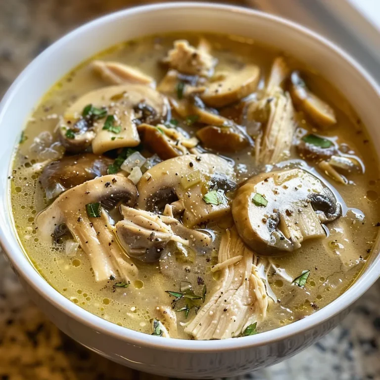 Close-up of a bowl of clean chicken mushroom soup with visible mushrooms and shredded chicken.