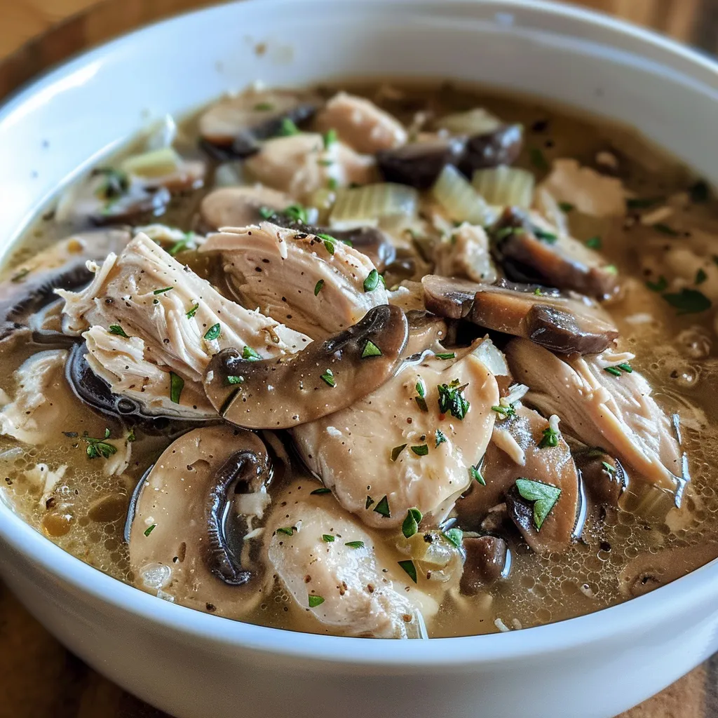 Side view of a steaming bowl of chicken mushroom soup, showcasing fresh ingredients and creamy texture.
