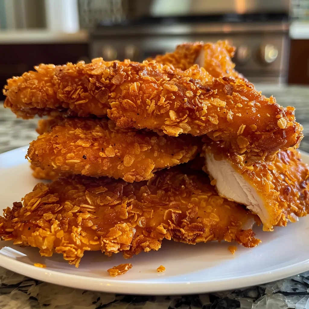 Juicy chicken tenders coated in crushed cornflakes on a plate.