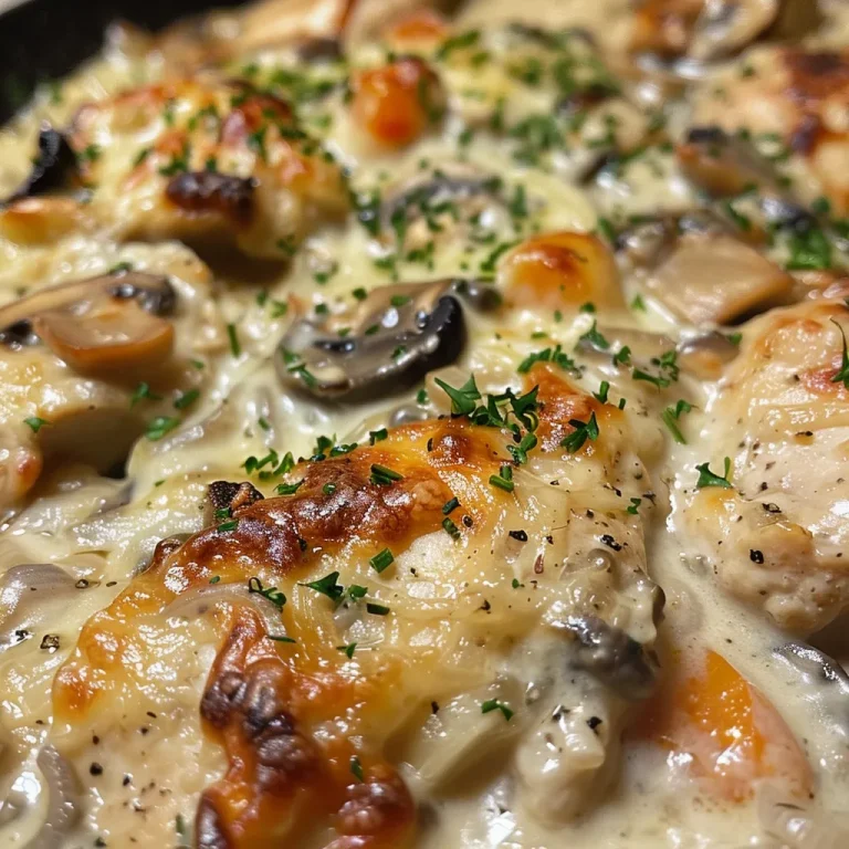 A Cozy Cream of Mushroom Chicken Bake That Feels Like Home Close-up view of Cream of Mushroom Soup Chicken Bake with melted cheese on top.