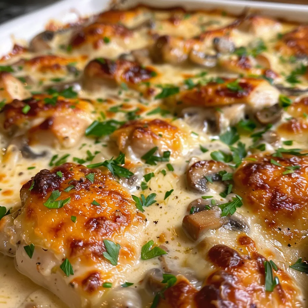 Juicy chicken breasts coated in creamy mushroom sauce, garnished with parsley.