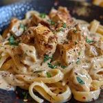 Close-up of creamy Cajun chicken pasta with vibrant colors and herbs.