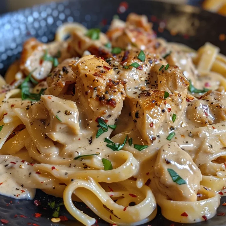 Close-up of creamy Cajun chicken pasta with vibrant colors and herbs.
