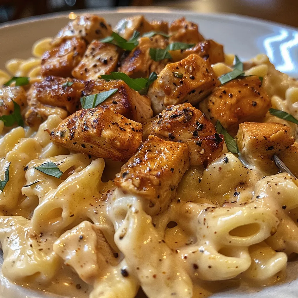 Side view of a bowl of creamy Cajun chicken pasta garnished with green parsley.