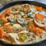 A close-up view of creamy chicken and mushroom soup in a bowl, featuring visible pieces of chicken and mushrooms.