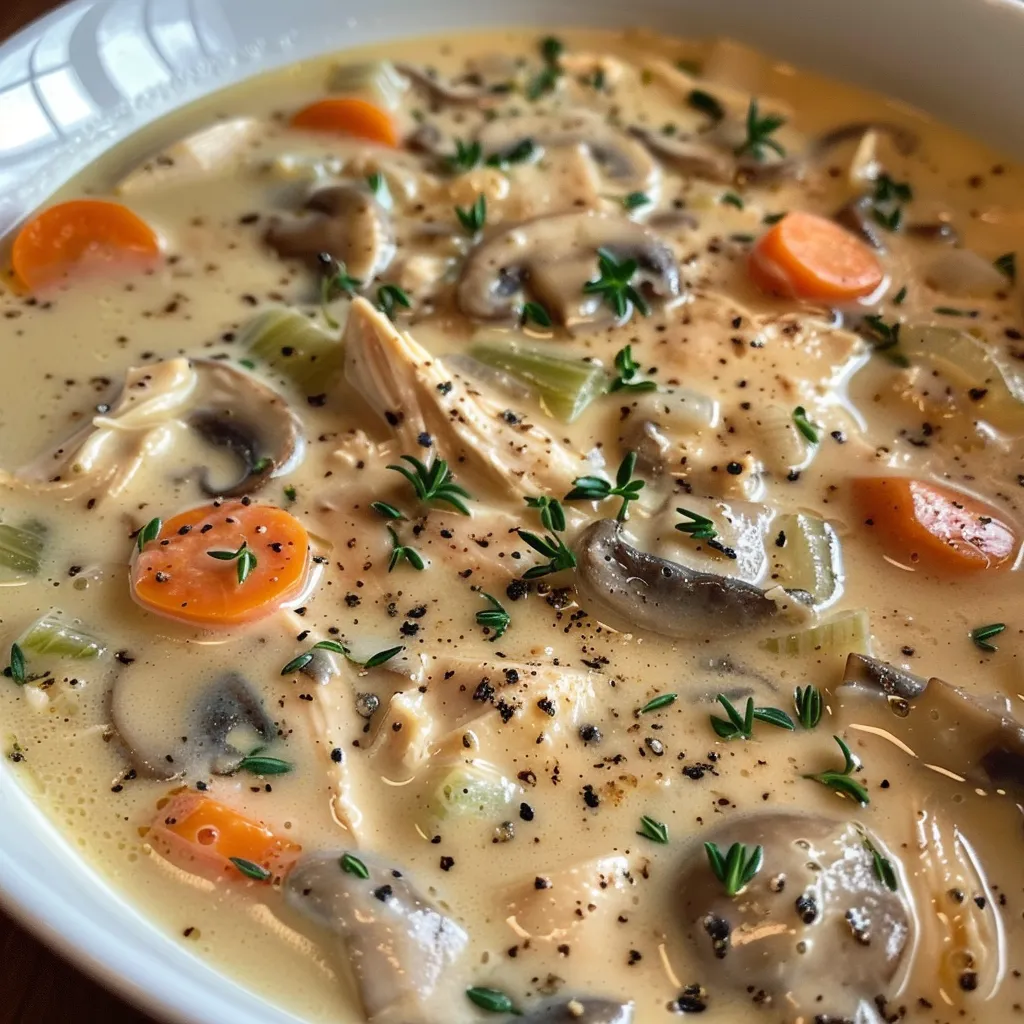 Side view of a steaming bowl of creamy chicken and mushroom soup with visible vegetables and chicken.