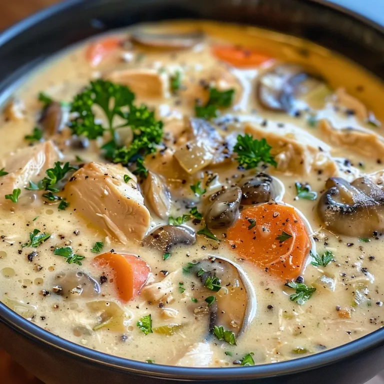 Creamy Chicken Mushroom Soup in a bowl, garnished with parsley.