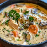 A close-up side view of a bowl filled with creamy chicken mushroom soup, garnished with parsley.
