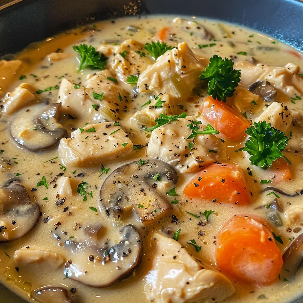 A delicious creamy chicken mushroom soup in a bowl, showcasing chunks of chicken and mushrooms.