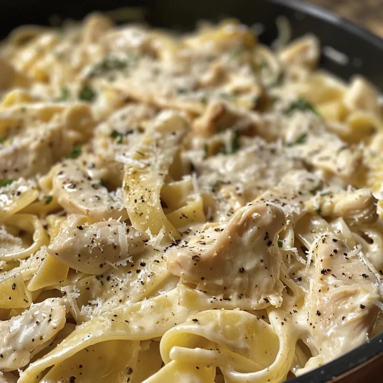 Noodles and Comfort: The Creamy Chicken Pasta That Feels Like Home A close-up view of creamy chicken pasta, garnished with herbs and parmesan.