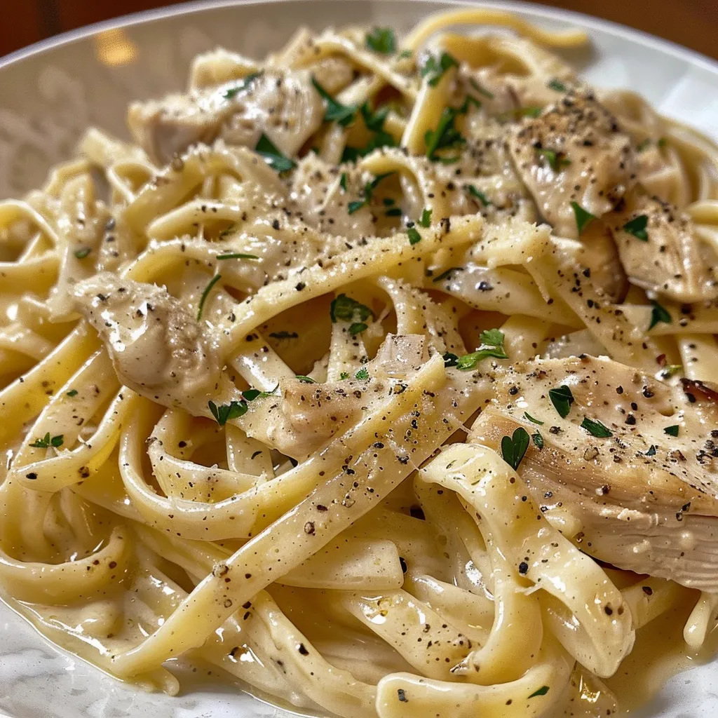 Side view of a bowl filled with creamy chicken pasta, showcasing tender chicken pieces and fettuccine.
