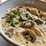 Close-up of creamy rotisserie chicken mushroom soup with mushrooms and shredded chicken.