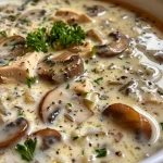 Close-up of a creamy wild rice chicken soup, highlighting the ingredients and texture.
