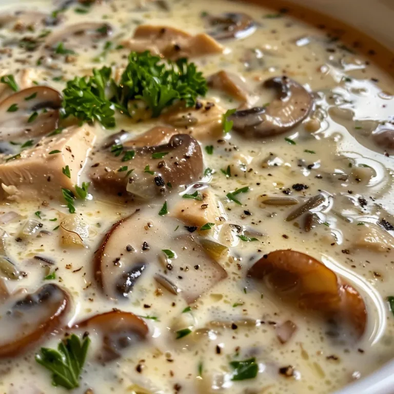 The Cozy Bowl of Creamy Wild Rice Chicken Soup That Warms the Heart Close-up of a creamy wild rice chicken soup, highlighting the ingredients and texture.