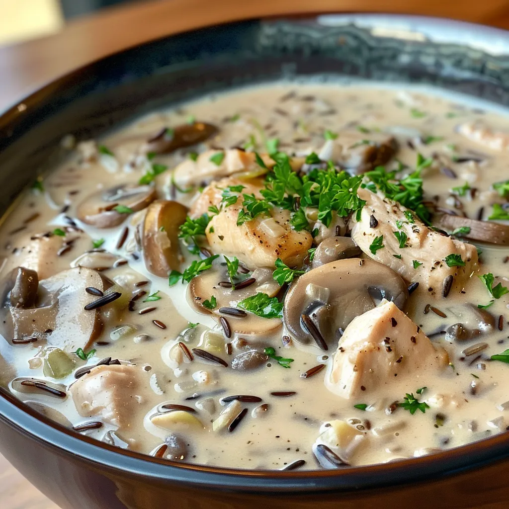Side view of a bowl of creamy wild rice chicken soup with visible chunks of chicken and vegetables.