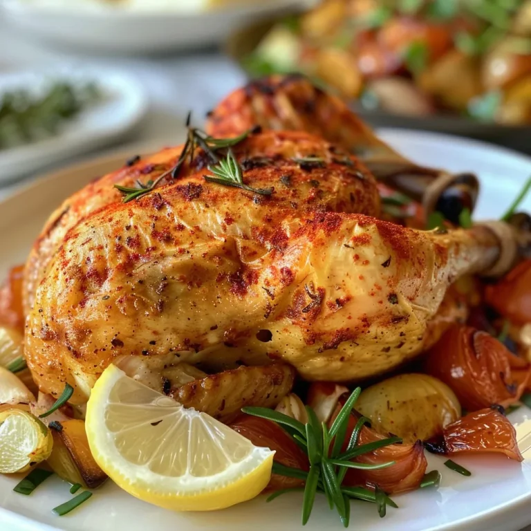 Close-up view of a perfectly roasted chicken seasoned with paprika and herbs.
