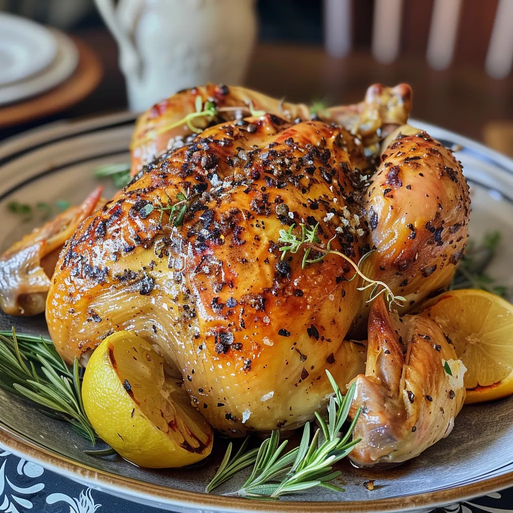 Juicy Crispy Paprika Roast Chicken with golden skin, displayed on a rustic wooden table.