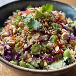Close-up view of a colorful Crispy Rice Salad with vibrant vegetables.