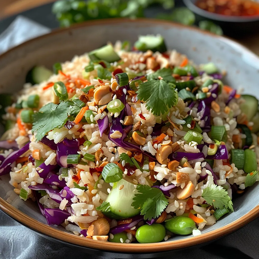 Side perspective of a Crispy Rice Salad showcasing layers of fresh ingredients.