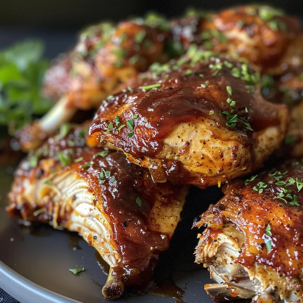 Close-up view of tender BBQ chicken thighs in a casserole dish.