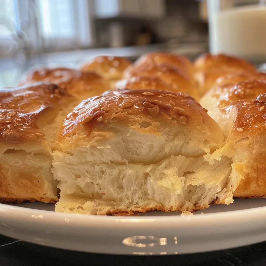 Side view of fluffy, freshly baked gluten-free rolls on a rustic wooden surface.