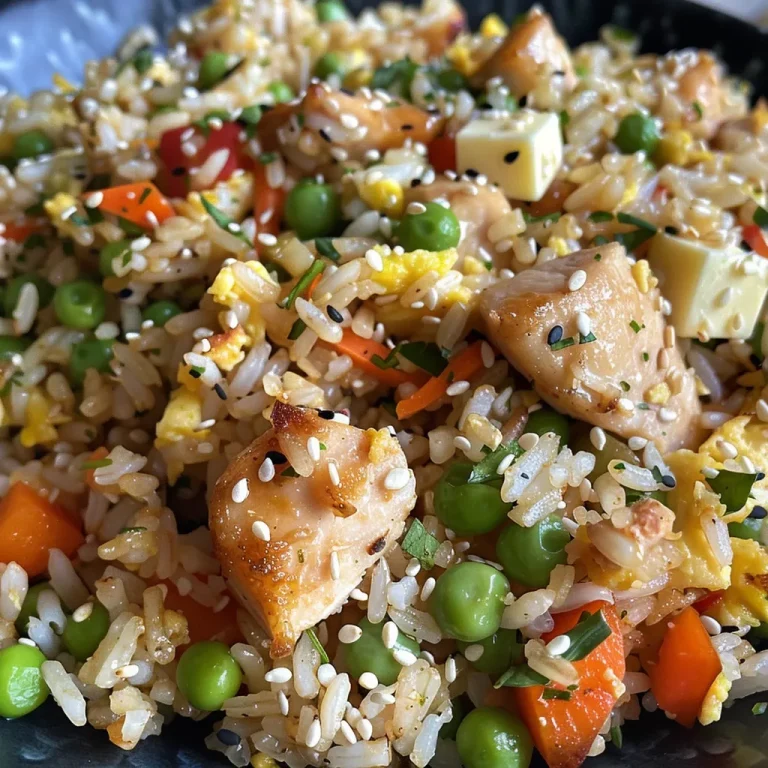Close-up view of juicy chicken fried rice with colorful vegetables and garnished with sesame seeds.