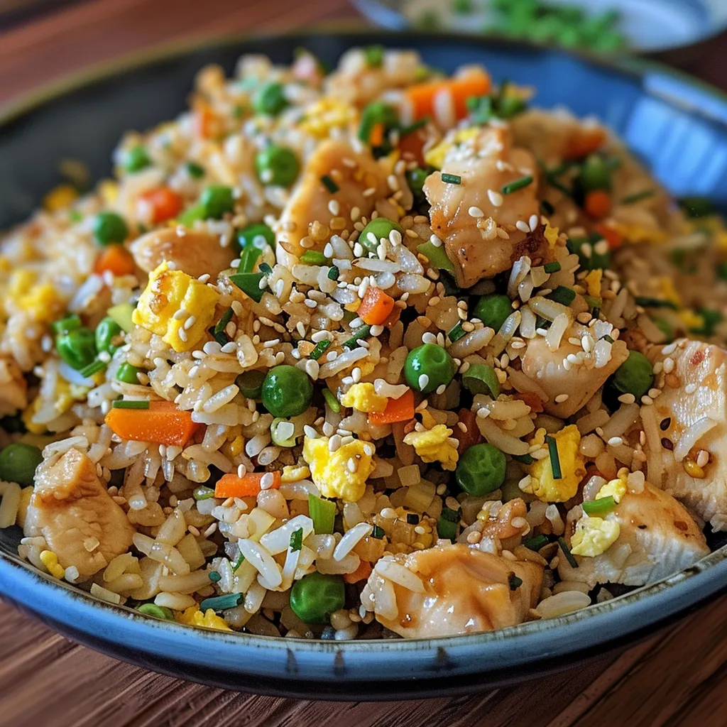Side view of restaurant-style chicken fried rice featuring diced chicken, peas, and carrots.