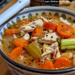 Close-up of a bowl of homemade Easy Chicken Vegetable Soup with colorful vegetables.