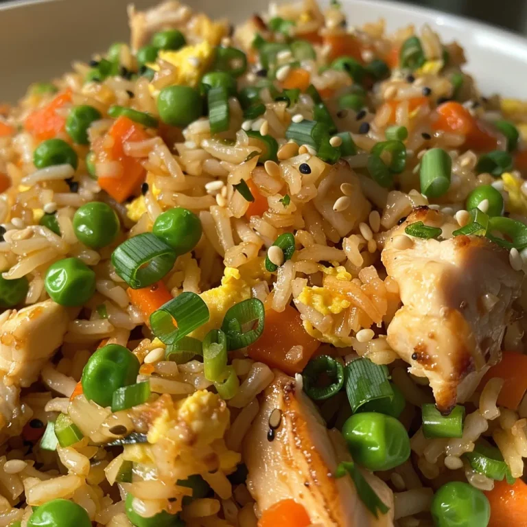 Close-up shot of a bowl of juicy chicken fried rice with peas and carrots.