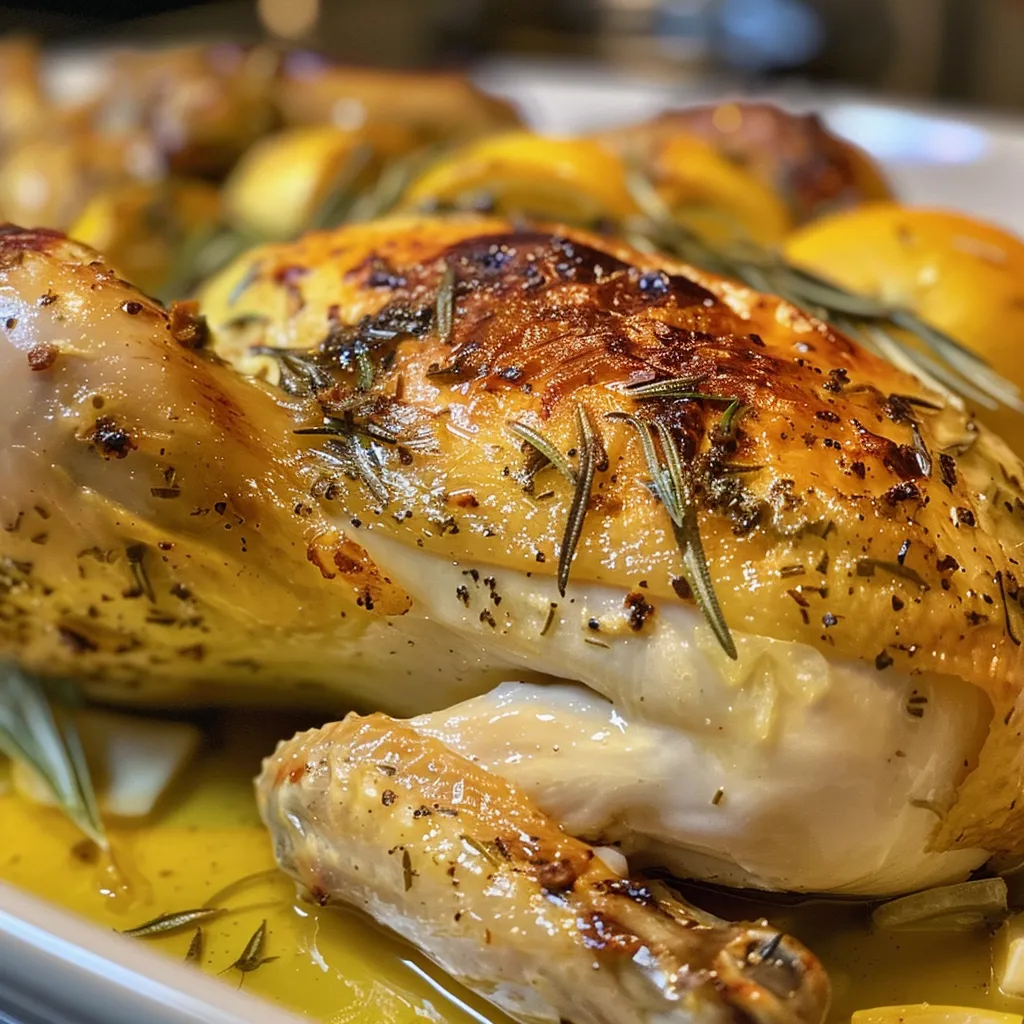 Close-up of a perfectly roasted chicken, showcasing golden-brown skin.