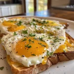 Close-up view of crispy egg and cheese toasts with herbs.