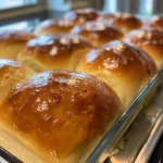 Close-up of warm, golden-brown holiday dinner rolls with fresh herbs and pink peppercorns.