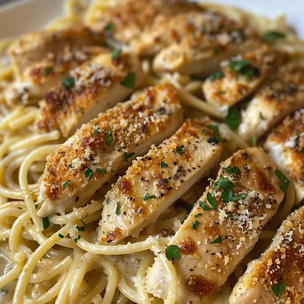 Side angle of a plate filled with Garlic Parmesan Chicken Spaghetti topped with melted cheese and parsley.