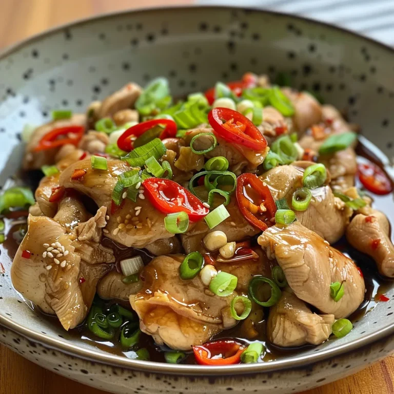 The Warm Embrace of Ginger Steamed Chicken: A Dish That Whispers Home Juicy ginger steamed chicken with a glossy sauce and garnished with spring onions.