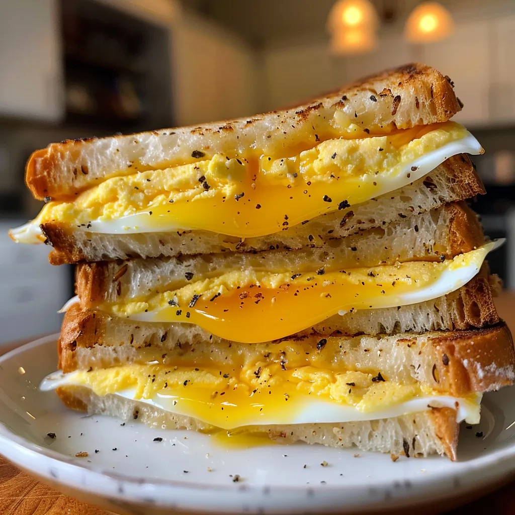 Side view of a juicy sandwich filled with scrambled eggs and melted cheddar cheese.