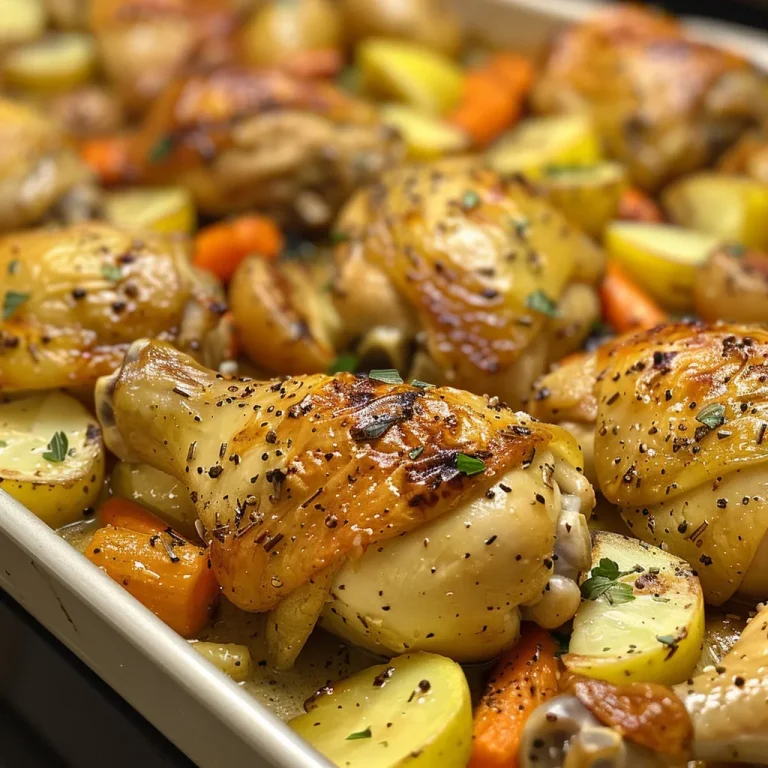 Close-up view of a juicy roasted chicken leg with side of vegetables.