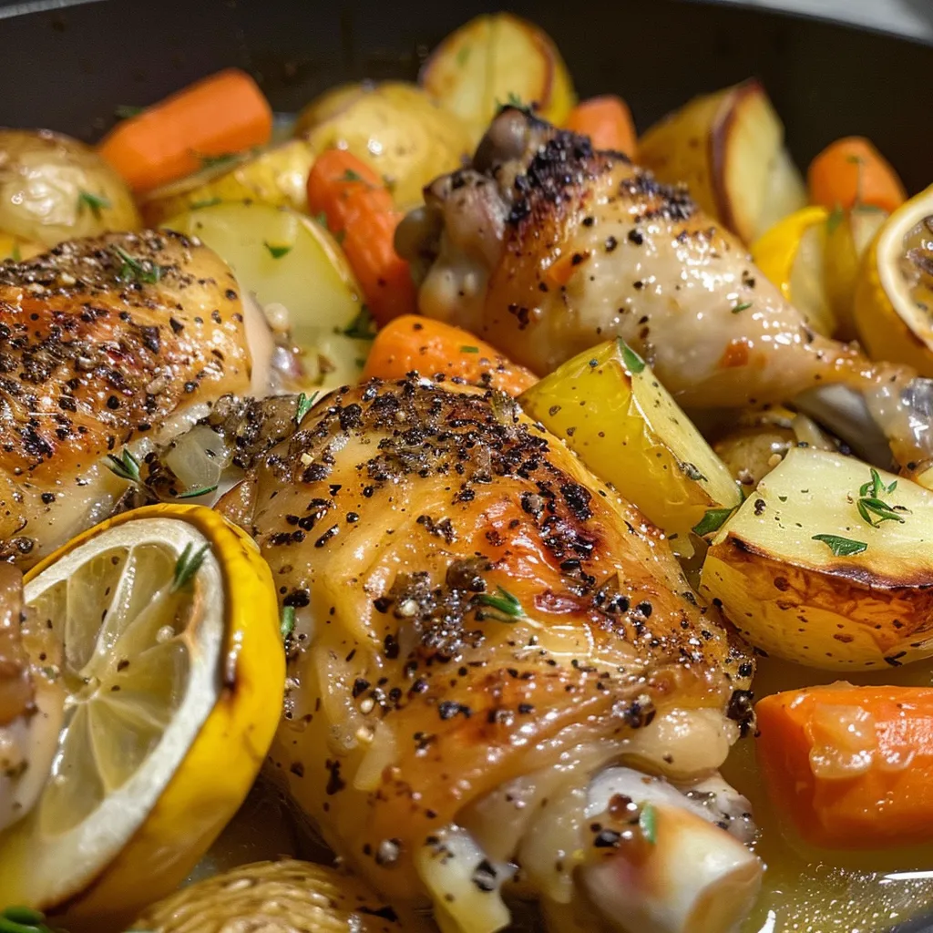Golden brown chicken leg surrounded by sliced potatoes and carrots.