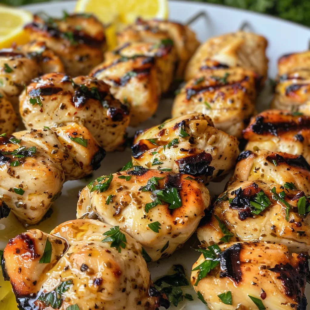 Close-up of grilled chicken skewers served alongside fluffy lemon-infused rice.