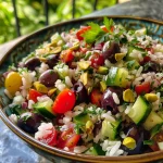 Close-up of a colorful Greek Rice Salad with vibrant ingredients.