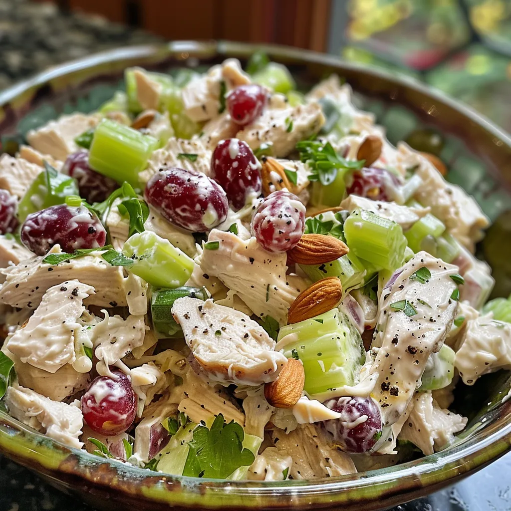 Side view of a fresh chicken salad with Greek yogurt, celery, and onion in a vibrant presentation.