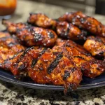 Close-up view of grilled boneless chicken thighs glistening with BBQ sauce.