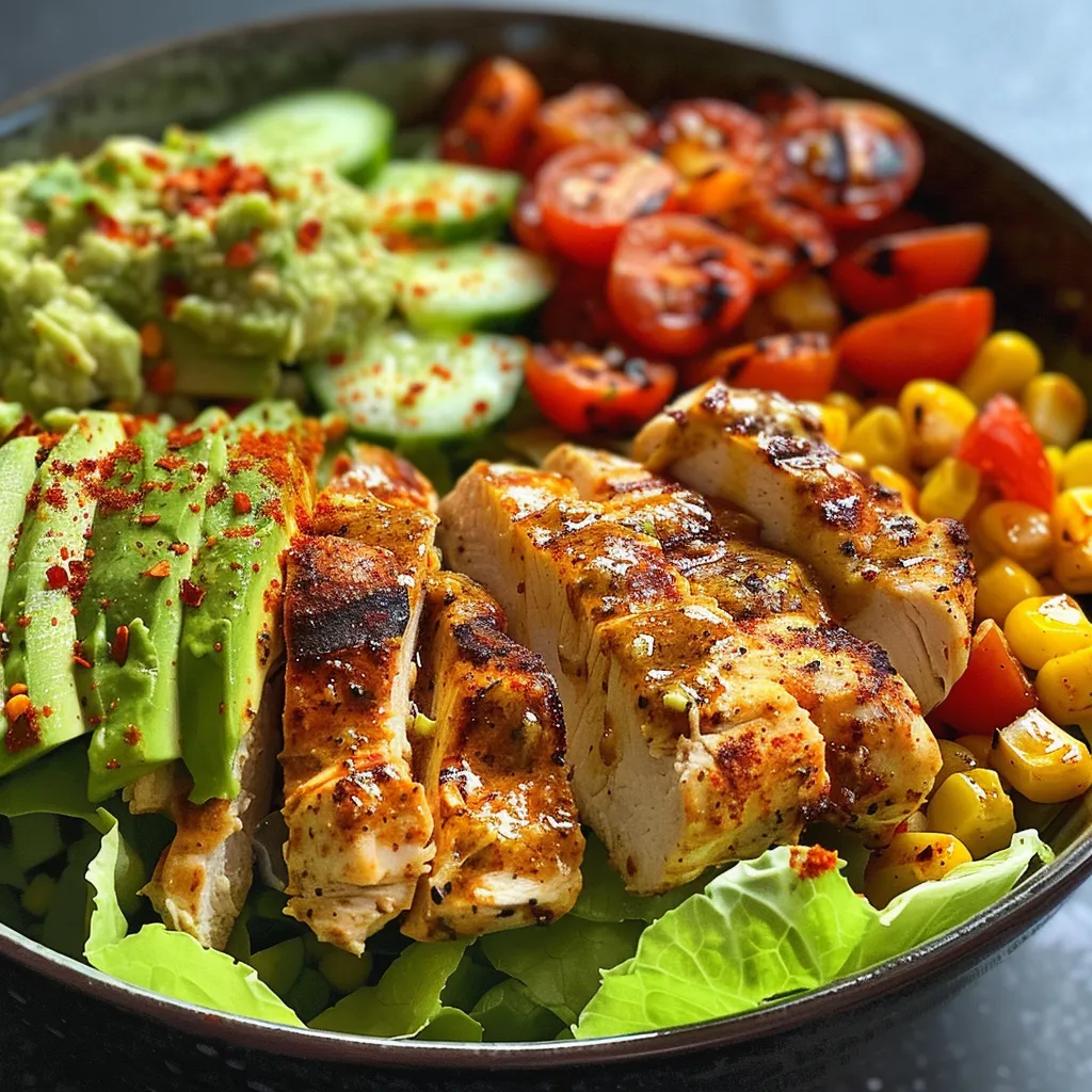 Side view of a healthy grilled chicken salad topped with guacamole and fresh vegetables.